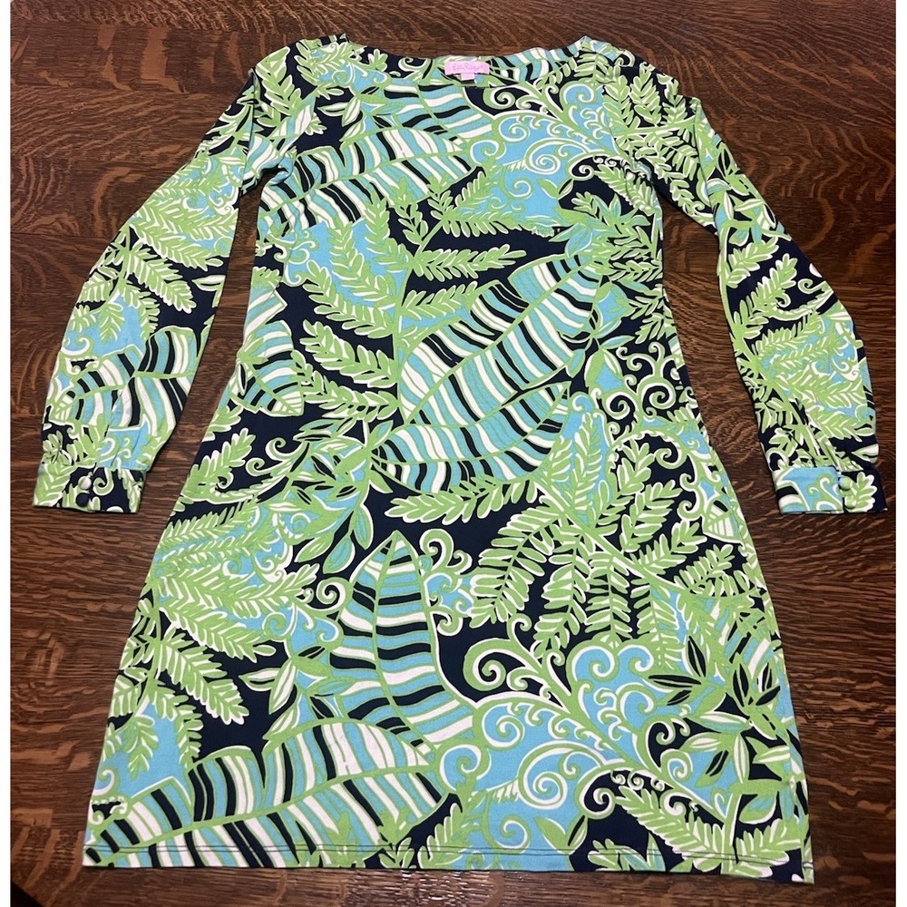 Lilly Pulitzer Ritchie Dress Womens Small Blue Green Tropical Fern Silk Blend